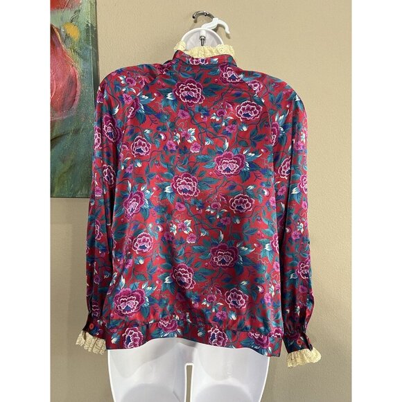 Vintage 80s Halston llI Button Front Top Sz 12 Floral Victorian High Lace Neck - Picture 3 of 10